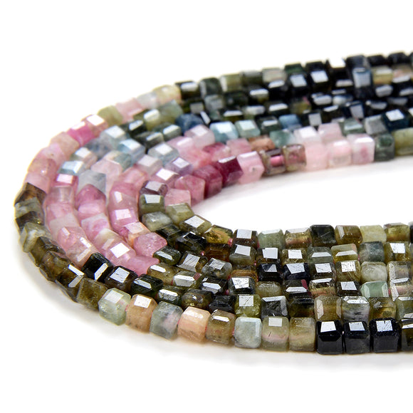 2MM Natural Multi Color Tourmaline Gemstone Grade AA Micro Faceted Diamond Cut Cube Loose Beads (P43)