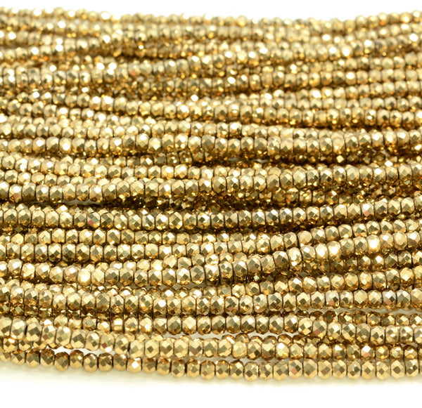 3x2mm 18k Gold Hematite Gemstone Micro Faceted Rondelle Loose Beads 15.5 inch Full Strand (80007530-A263)