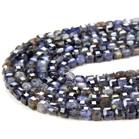Natural Iolite Gemstone Grade A Micro Faceted Diamond Cut Cube 4MM 5MM Loose Beads (P41)