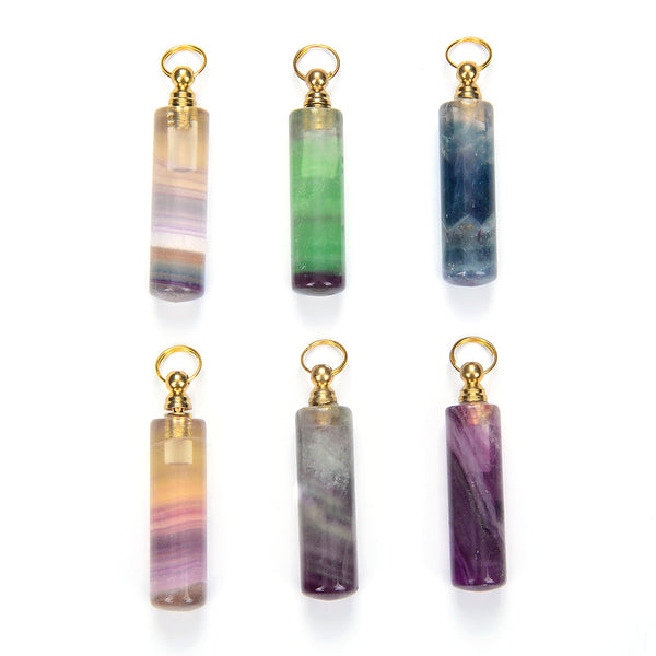 50X12MM Natural Rainbow Fluorite Gemstone Perfume Bottle Pendant Hexagon Healing Tube, Essential Oil Bottle Beads 1 Bead (80017277-P73)