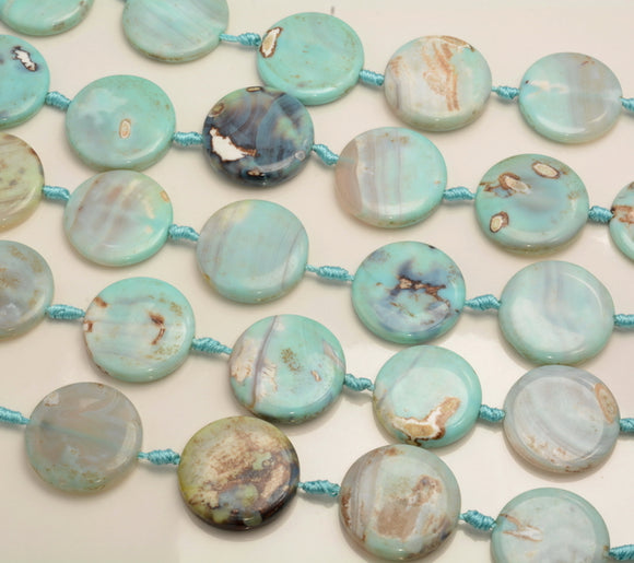 27x5-30x7MM Terra Agate Gemstone Aqua Blue Round Flat Button Grade Aaa 4 Beads (80007247-A250)