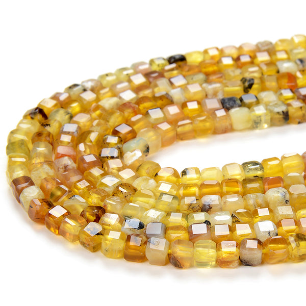 4MM Natural Yellow Opal Gemstone Grade AA Micro Faceted Diamond Cut Cube Loose Beads (P40)