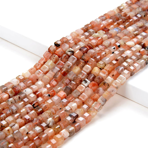 4MM Natural Sunstone Gemstone Grade AA Micro Faceted Diamond Cut Cube Loose Beads (P40)