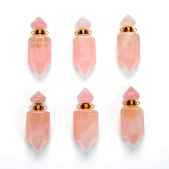 41X14MM Natural Rose Quartz Gemstone Perfume Bottle Pendant Faceted Point, Essential Oil Bottle Beads 1 Bead (80017244-P71)