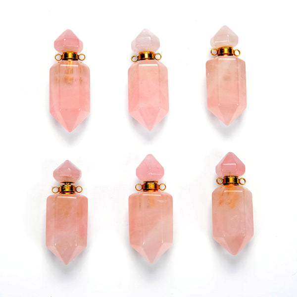 41X14MM Natural Rose Quartz Gemstone Perfume Bottle Pendant Faceted Point, Essential Oil Bottle Beads 1 Bead (80017244-P71)