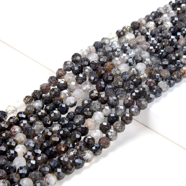 5MM Natural Black Rutilated Quartz Gemstone Grade AA Micro Faceted Round Loose Beads 15.5 inch Full Strand (80009445-P33)