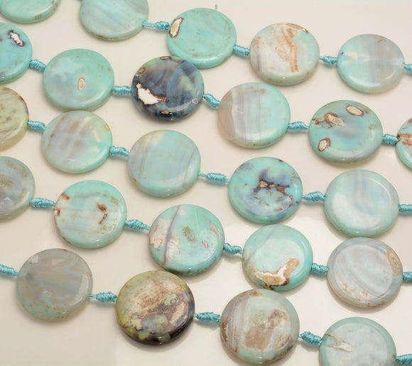 22x6-26x8MM Terra Agate Gemstone Aqua Blue Round Flat Button Grade Aaa 5 Beads (80007246-A250)