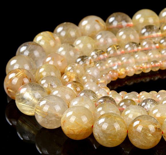 Natural Golden Rutilated Quartz Gemstone Grade AA Round 4MM 5MM 6MM 7MM 8MM 9MM 10MM 11MM 12MM 13MM Loose Beads (D256 D257)