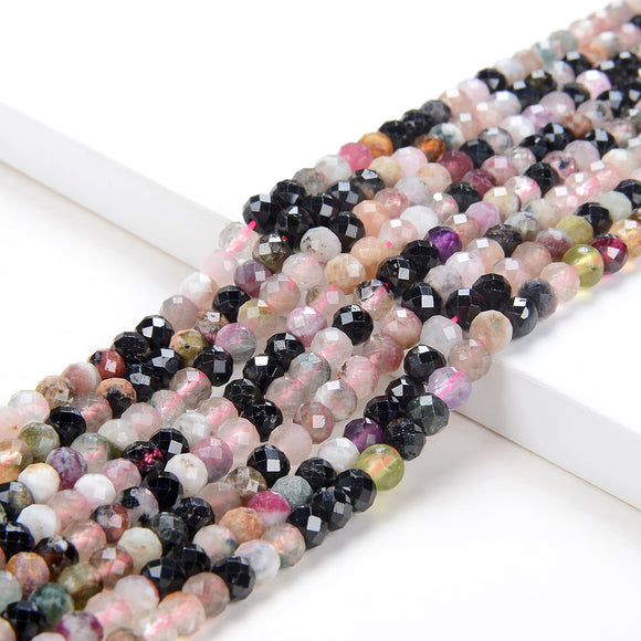 5X4MM Natural Multi Color Tourmaline Gemstone Micro Faceted Round Loose Beads (P46)