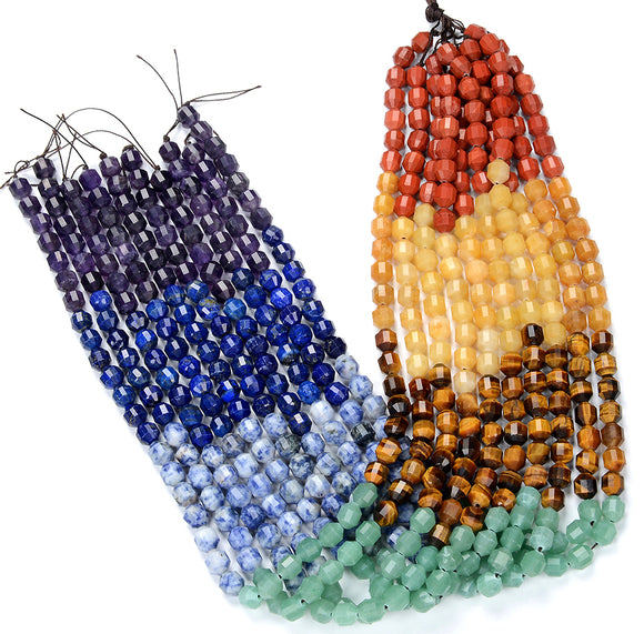 Natural 7 Chakra Gemstone Grade AAA Faceted Prism Double Point Cut 4MM 6MM 8MM Loose Beads 15inch Full Strand (D341)